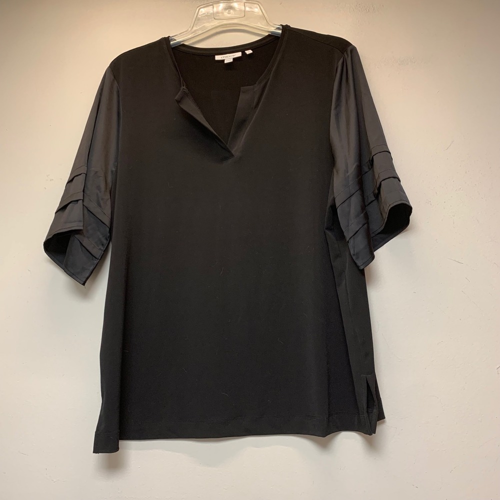 Chico's Top Women 3 XL Black Excellent Tiered Ruffle Sleeve Split V-Neck 14569